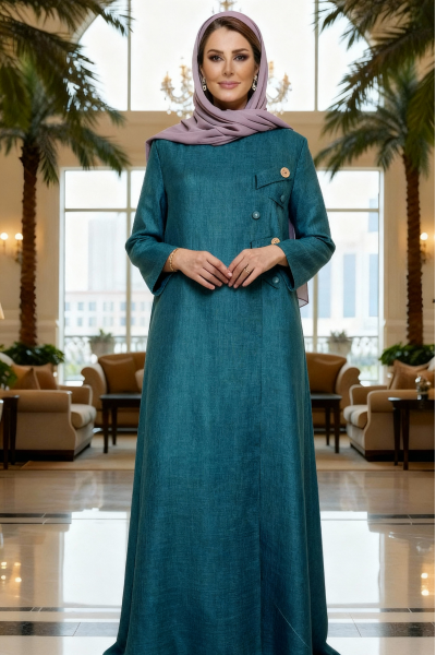 عباية لينين صناعي ناعم لون أخضر تيل 01088