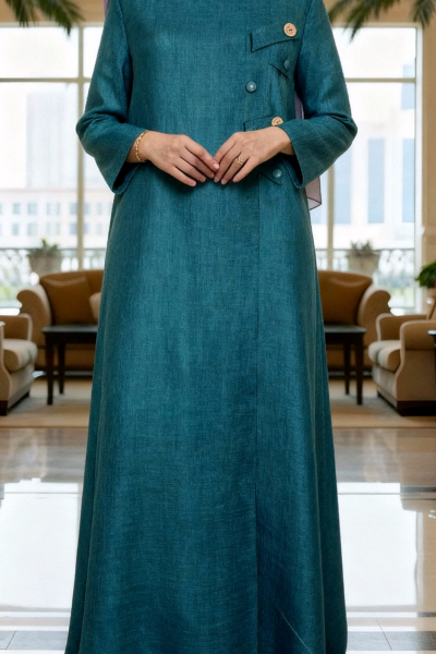 عباية لينين صناعي ناعم لون أخضر تيل 01088