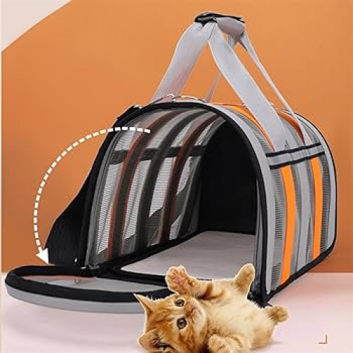 حقيبة للقطط للتنقل كبير برتقالي ورصاصي