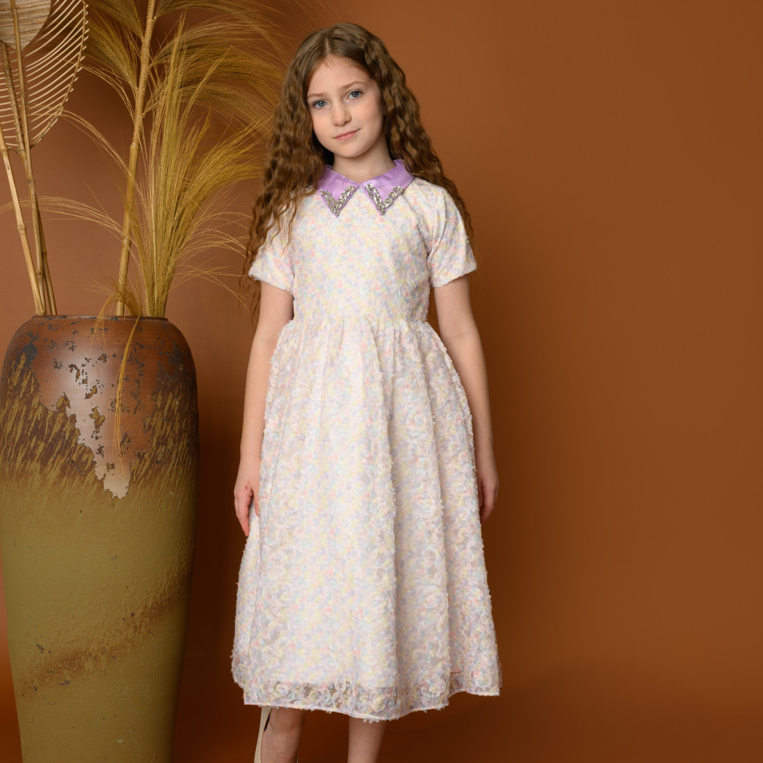 فستان بناتي فاخر بنقوش أنيقة وياقة مزينة - 777