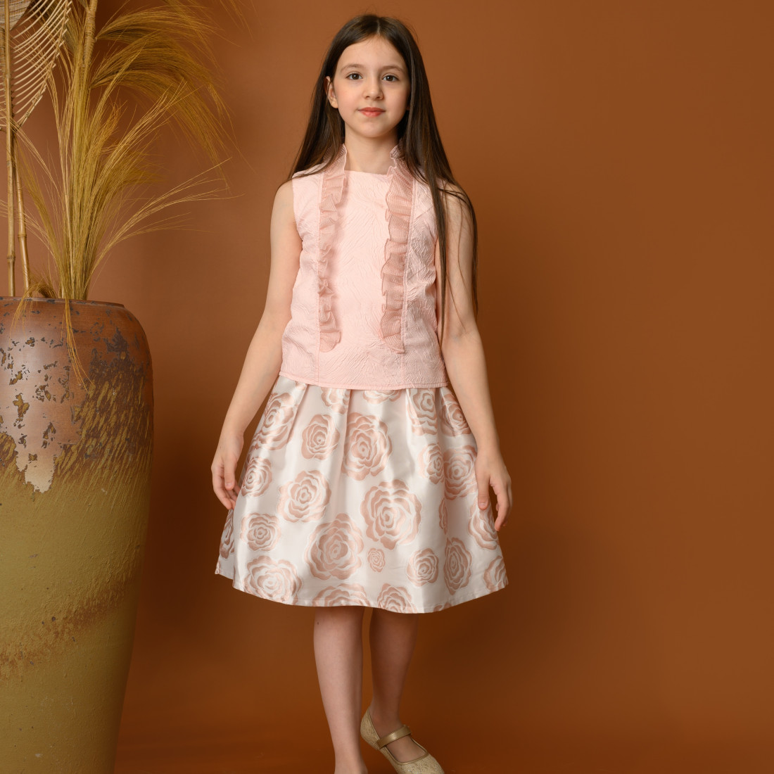 تيور بناتي بنقشة الورود مع تصميم كشكش - Kj2062