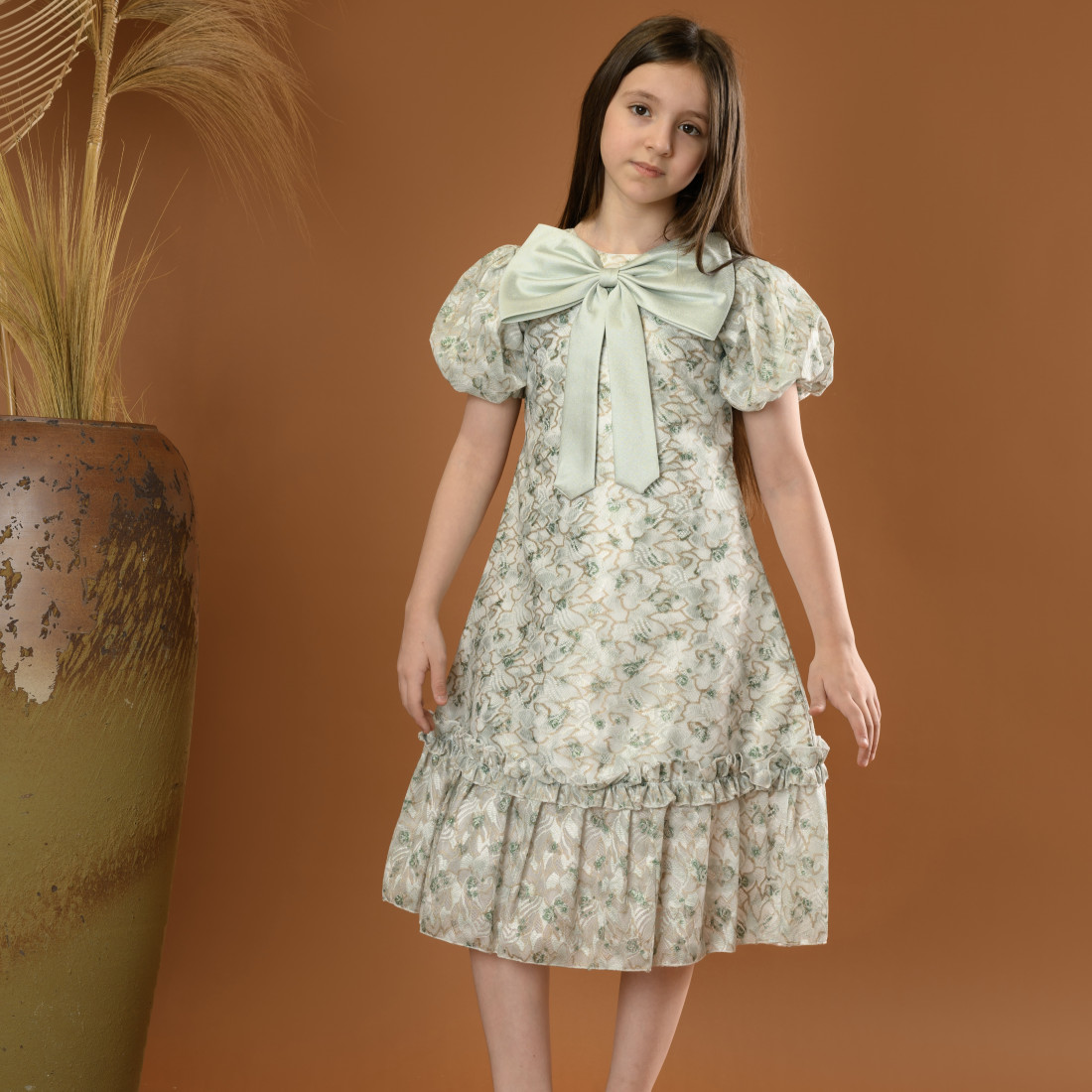 فستان بناتي مع فيونكة كبيرة وأكمام منفوشة - M3556