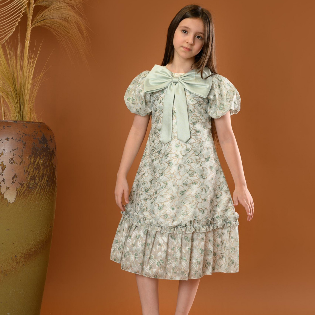 فستان بناتي مع فيونكة كبيرة وأكمام منفوشة - M3556