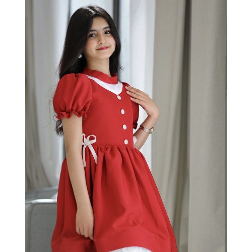فستان بناتي أحمر بفيونكه على الخصر - 914