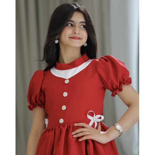 فستان بناتي أحمر بفيونكه على الخصر - 914