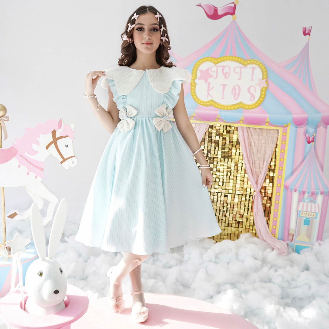 فستان بناتي سماوي بفيونكات | تصميم مقلّم - 1013