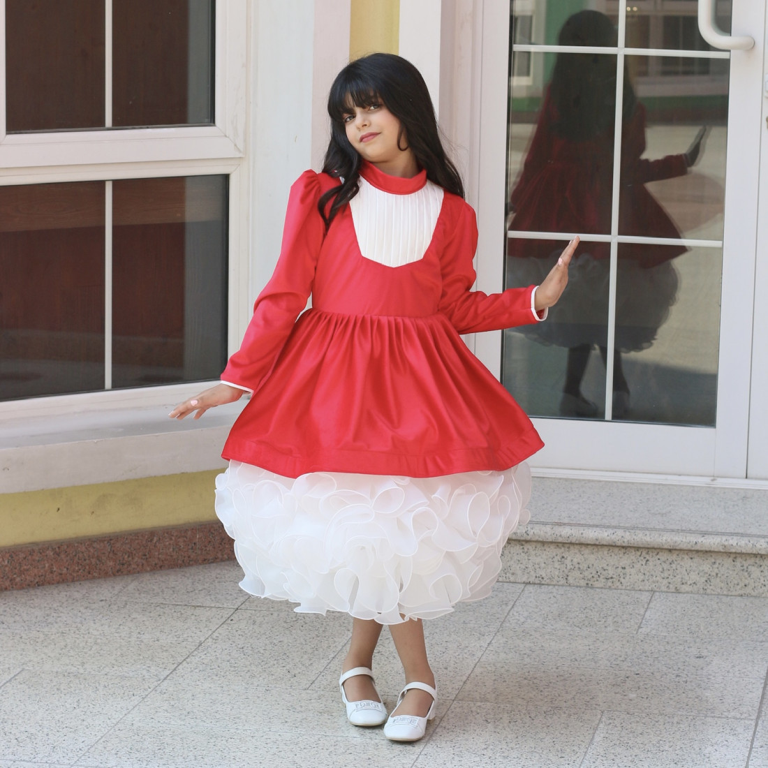 فستان بناتي أحمر وتنورة كب كيك | فستان شتوي للحفلات - M3775