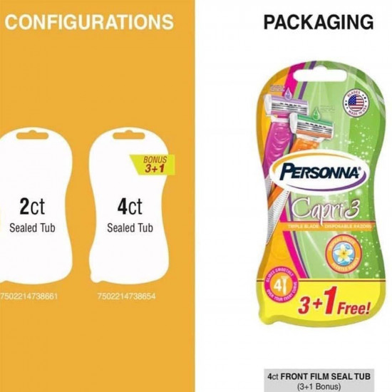 بيرسونا كابري 3 شفرات حلاقة نسائية بفيتامين هـ وزبدة الشيا 3+1قطع