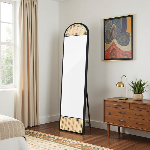 مرآة استاند بإطار خشب وراتان أسود 170×40 سم