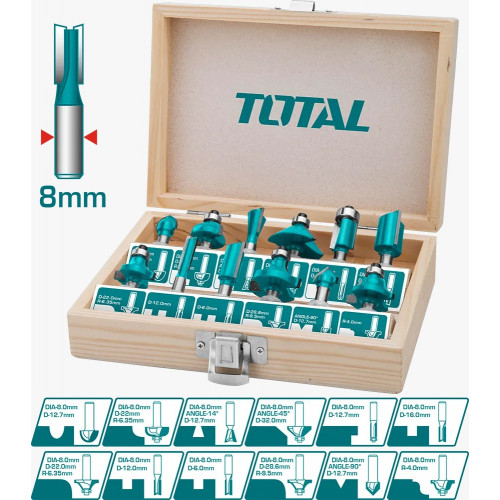 طقم ريش حفر راوتر نجارة 12 قطعة 8 ملم توتال طقم ريش حفر راوتر نجارة 12 قطعة 8 ملم توتال