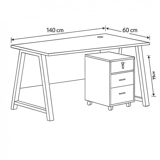 مكتب خشبي مع وحدة أدراج متحركة باللون الرمادي 140×70×75 سم