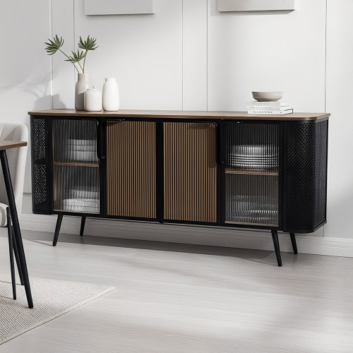 بوفيه خشب أنيق بأبواب زجاجية وهيكل معدني بوفيه خشب أنيق بأبواب زجاجية وهيكل معدني