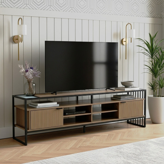 طاولة تلفاز خشبية بأرجل معدن ولمسة زجاجية طاولة تلفاز خشبية بأرجل معدن ولمسة زجاجية