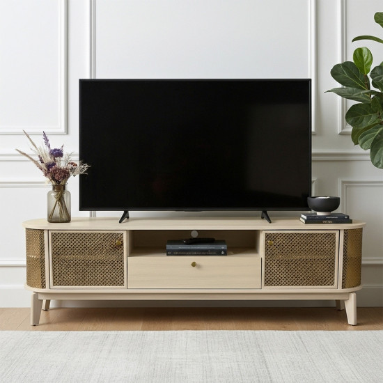 وحدة تلفاز خشبية أنيقة بأرجل معدنية بيج وحدة تلفاز خشبية أنيقة بأرجل معدنية بيج