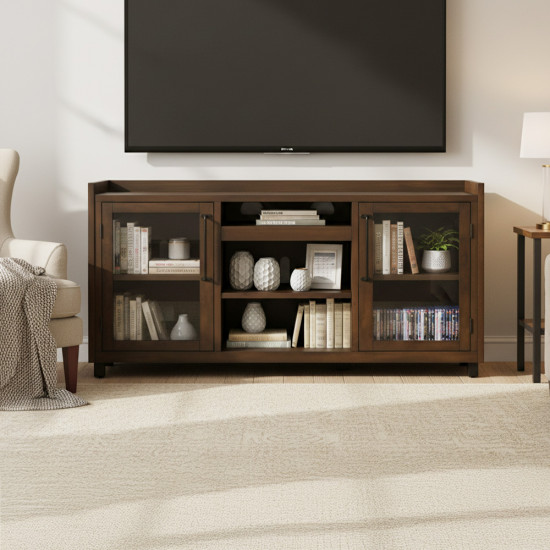 وحدة تلفاز خشبية مودرن بأبواب زجاجية بني وحدة تلفاز خشبية مودرن بأبواب زجاجية بني