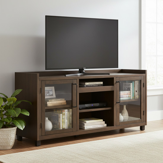 وحدة تلفاز خشبية مودرن بأبواب زجاجية بني وحدة تلفاز خشبية مودرن بأبواب زجاجية بني