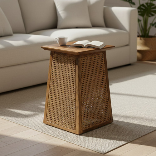 طاولة قهوة جانبية عصرية خشب مع راتان طاولة قهوة جانبية عصرية خشب مع راتان